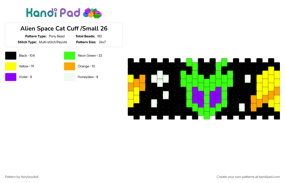 Alien Space Cat Cuff /Small 26 - Pony Bead Pattern by fairyboydoll on Kandi Pad - alien, black, cat, glorp, green, space, yellow
