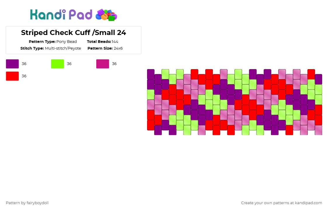 Striped Check Cuff /Small 24 - Pony Bead Pattern by fairyboydoll on Kandi Pad - pink,stripes