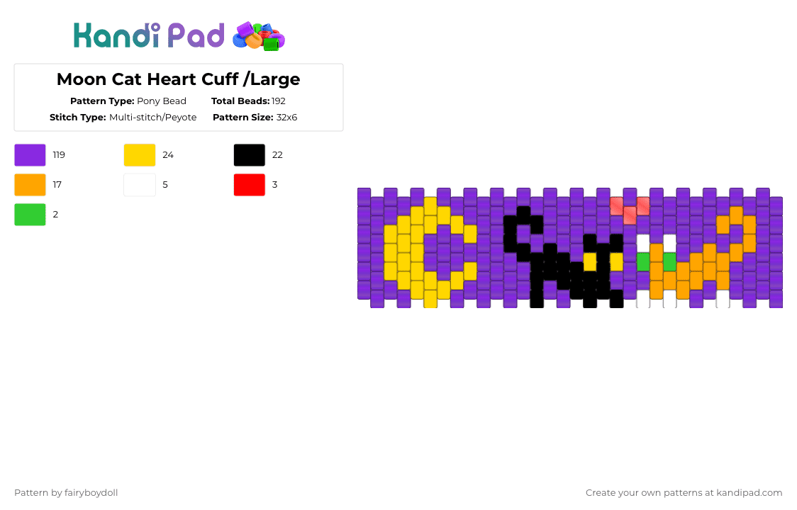 Moon Cat Heart Cuff /Medium 32 - Pony Bead Pattern by fairyboydoll on Kandi Pad - purple,moon,cat,heart,love,halloween,spooky
