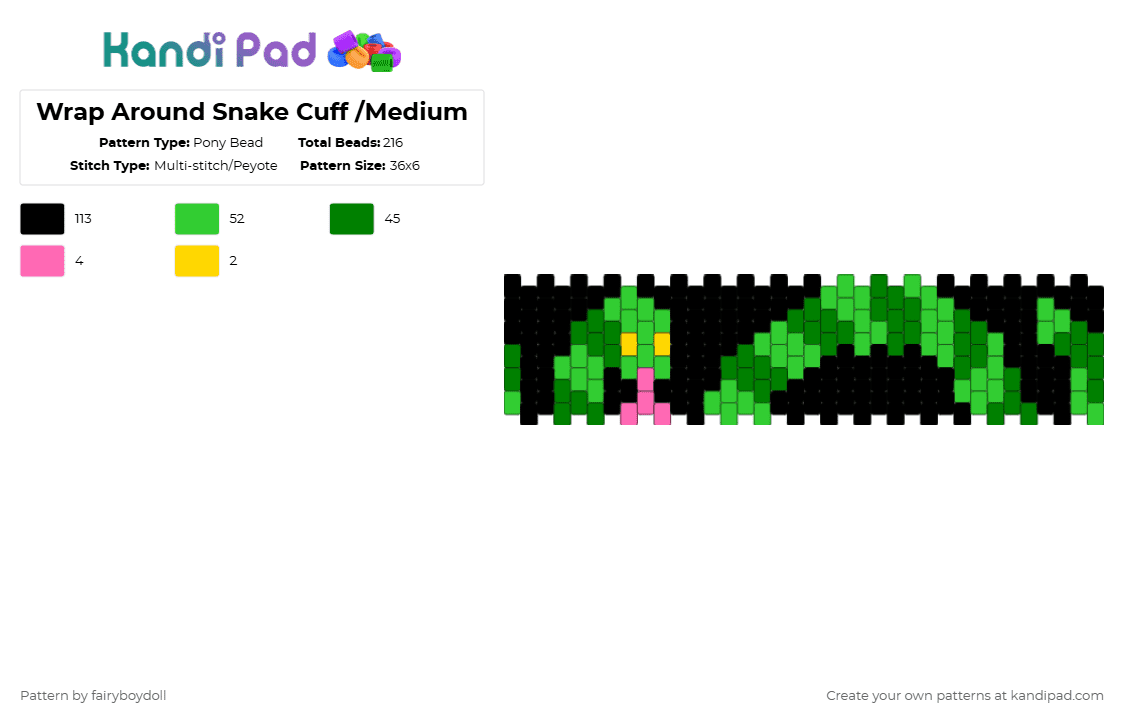 Wrap Around Snake Cuff /Large 36 - Pony Bead Pattern by fairyboydoll on Kandi Pad - green,snake,dark,animal