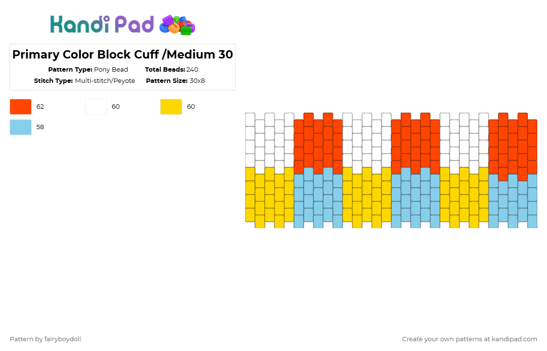 Primary Color Block Cuff /Medium 30 - Pony Bead Pattern by fairyboydoll on Kandi Pad - red,yellow,light blue,color,block,primary