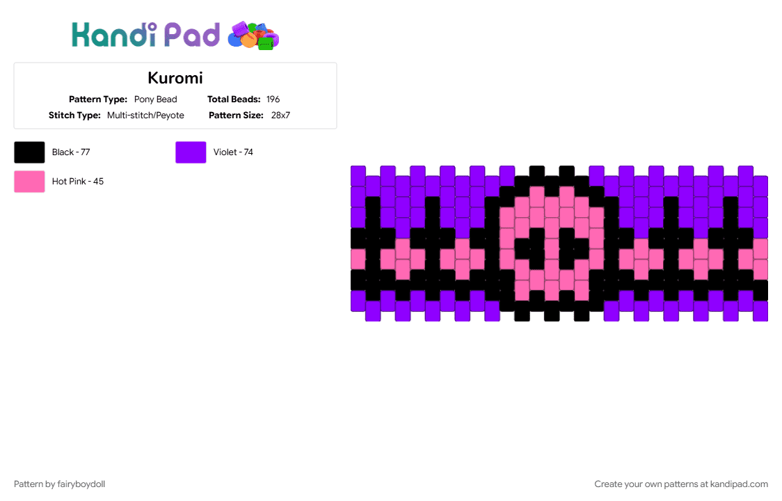 Kuromi Cuff /Small 28 - Pony Bead Pattern by fairyboydoll on Kandi Pad - kuromi, pink, purple, sanrio