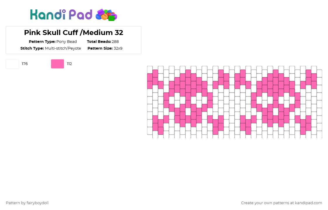 Pink Skull Cuff /Medium 32 - Pony Bead Pattern by fairyboydoll on Kandi Pad - pink,white,skull,pastel goth,y2k
