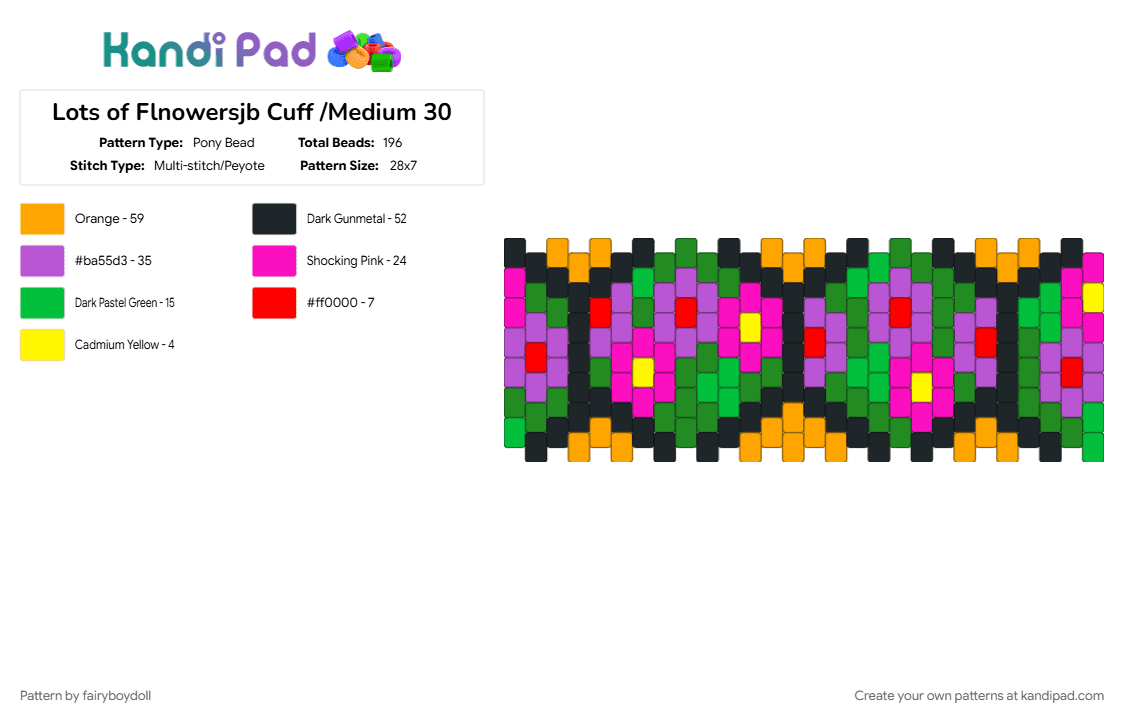 Lots of Flowers V.2 Cuff /Medium 30 - Pony Bead Pattern by fairyboydoll on Kandi Pad - flower