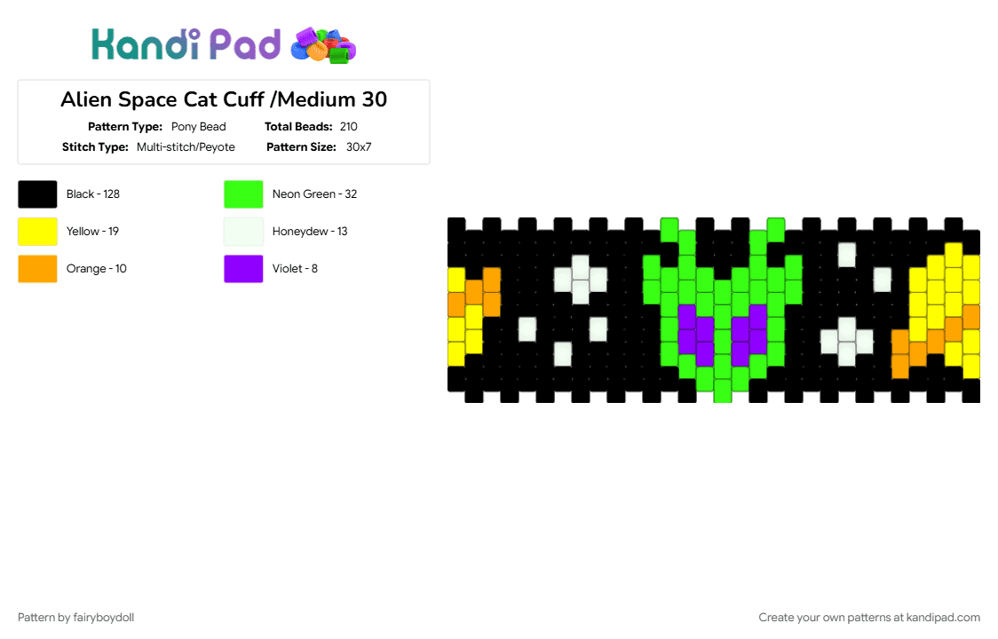 Alien Space Cat Cuff /Medium 30 - Pony Bead Pattern by fairyboydoll on Kandi Pad - alien, black, cat, glorp, green, space, yellow