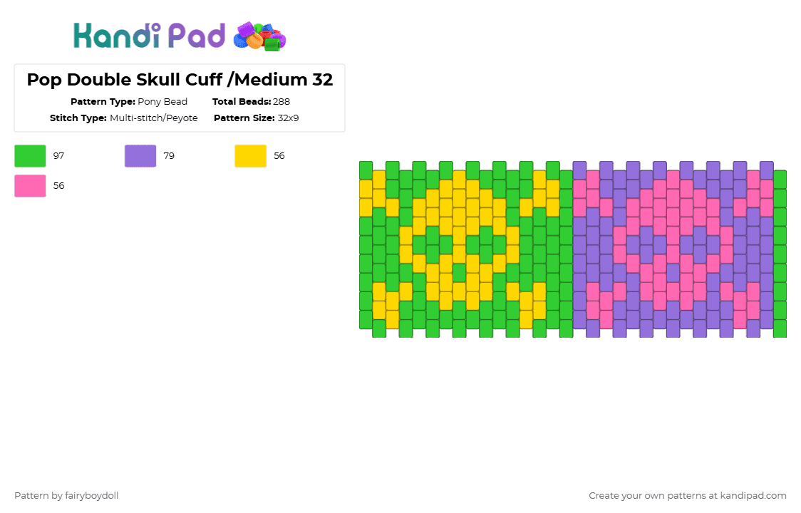 Pop Double Skull Cuff /Medium 32 - Pony Bead Pattern by fairyboydoll on Kandi Pad - green,purple,skull
