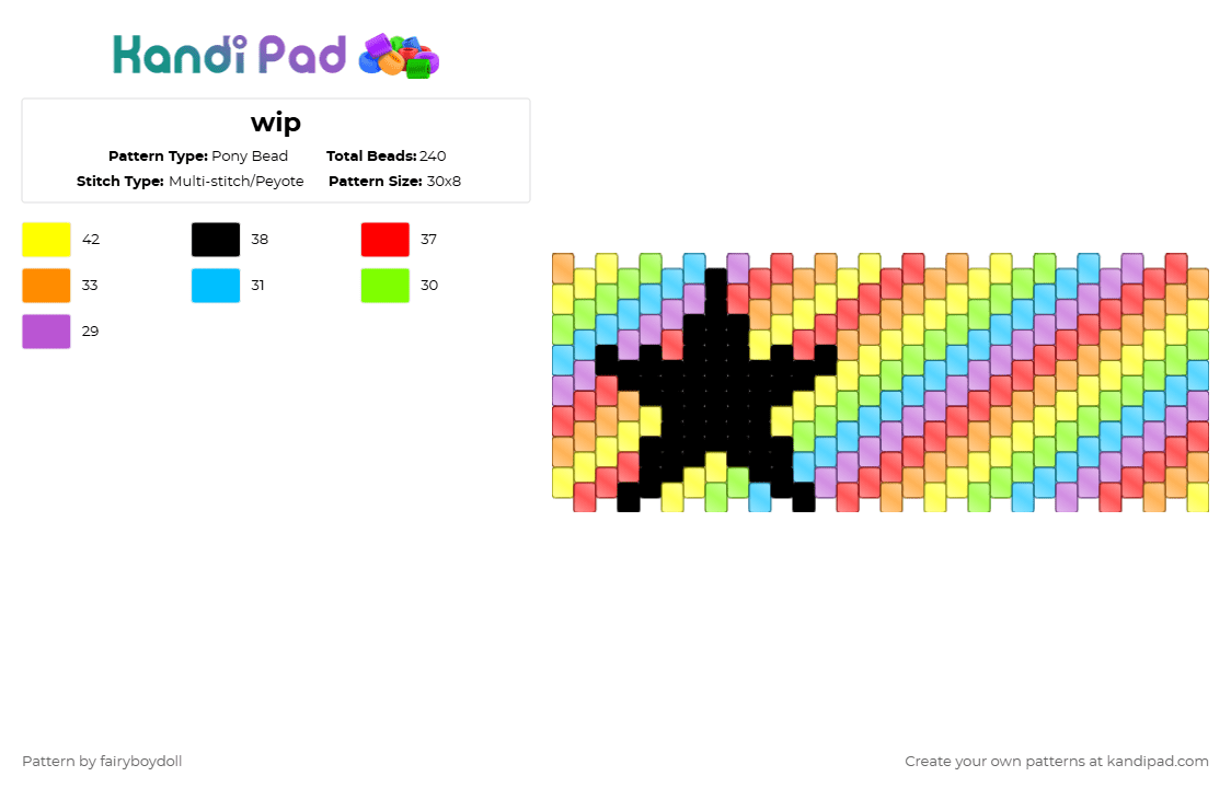 Rainbow Star Cuff /Medium 30 - Pony Bead Pattern by fairyboydoll on Kandi Pad - red,yellow,orange,light blue