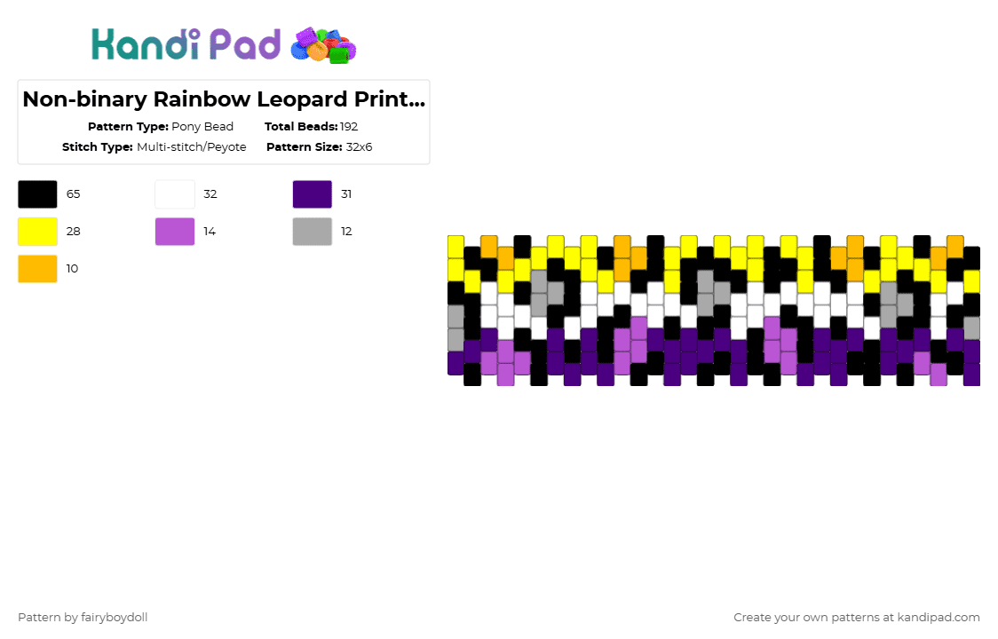 Non-binary Rainbow Leopard Print Cuff /Medium 32 - Pony Bead Pattern by fairyboydoll on Kandi Pad - yellow,purple,rainbow,leopard