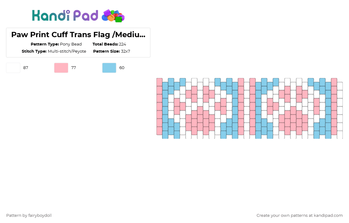 Paw Print Cuff Trans Flag /Medium 32 - Pony Bead Pattern by fairyboydoll on Kandi Pad - light blue,pink,paw,cat,dog,furry,trans,pride