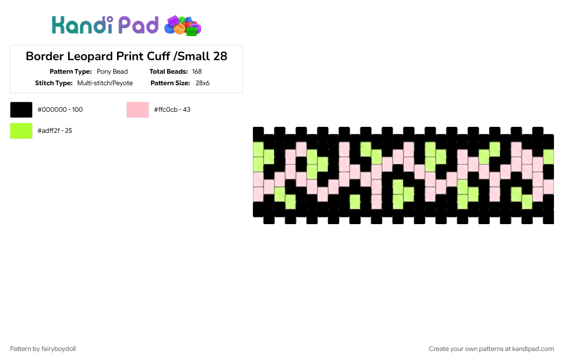 Border Leopard Print Cuff /Small 28 - Pony Bead Pattern by fairyboydoll on Kandi Pad - green, leopard, pink