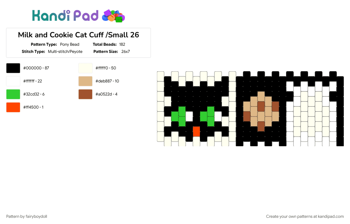 Milk and Cookie Cat Cuff /Small 26 - Pony Bead Pattern by fairyboydoll on Kandi Pad - beige, milk and cookies, white