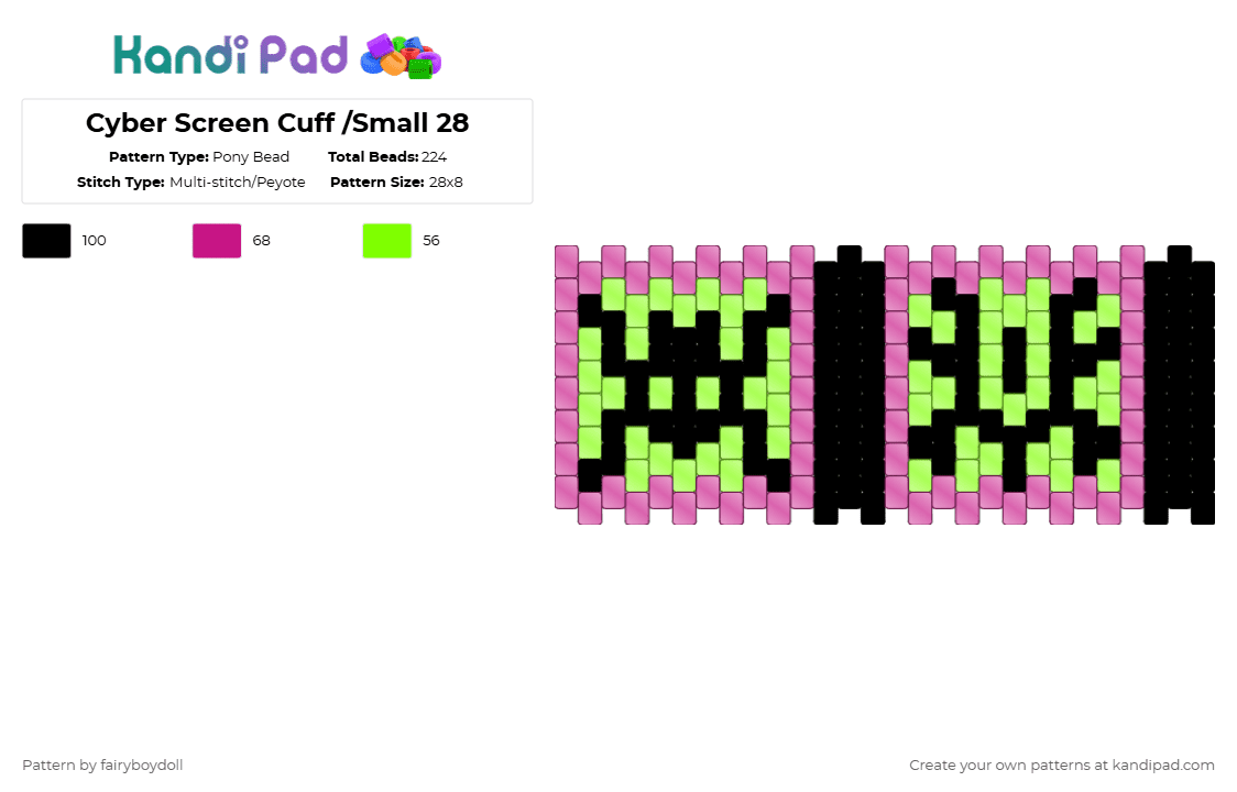 Cyber Screen Cuff /Small 28 - Pony Bead Pattern by fairyboydoll on Kandi Pad - pink,green,cyber,tech