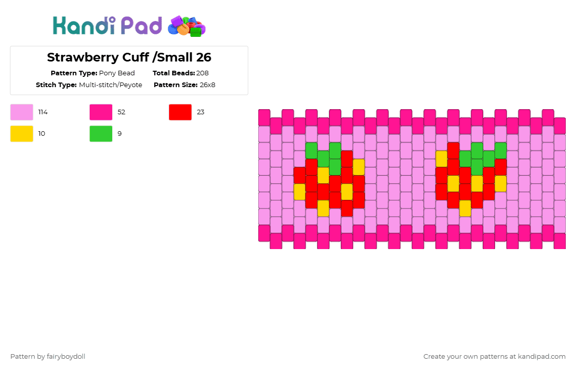 Strawberry Cuff /Small 26 - Pony Bead Pattern by fairyboydoll on Kandi Pad - pink,strawberry