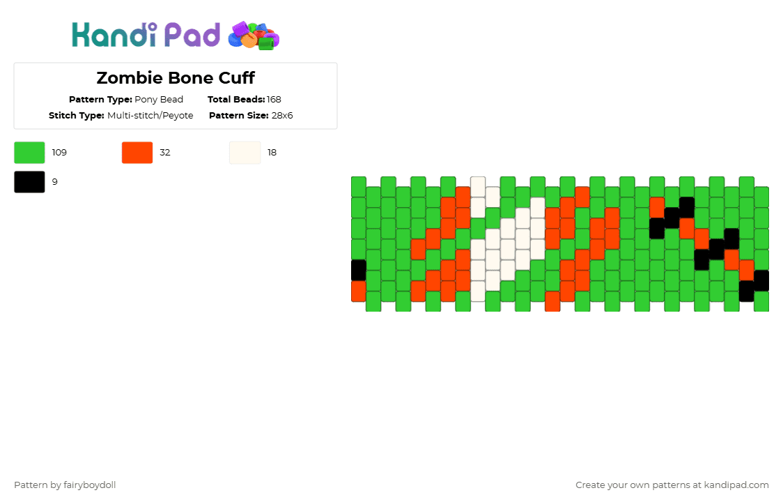 Zombie Flesh Bone Cuff /Medium 28 - Pony Bead Pattern by fairyboydoll on Kandi Pad - green,zombie,spooky,halloween,bone,stitches