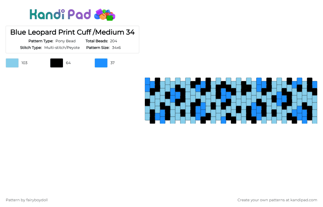 Blue Leopard Print Cuff /Medium 34 - Pony Bead Pattern by fairyboydoll on Kandi Pad - animal print, black, blue, leopard, light blue