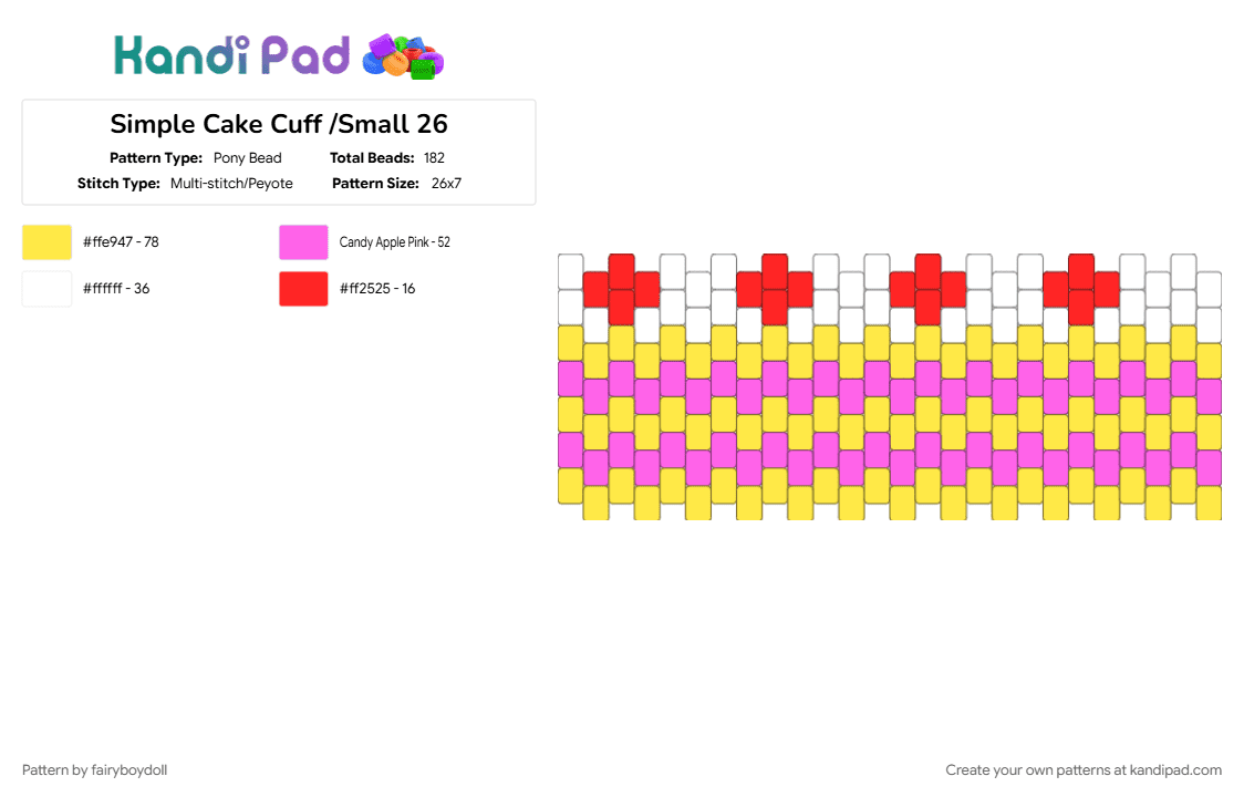 Simple Cake Cuff /Small 26 - Pony Bead Pattern by fairyboydoll on Kandi Pad - cake, dessert, food, pink, yellow