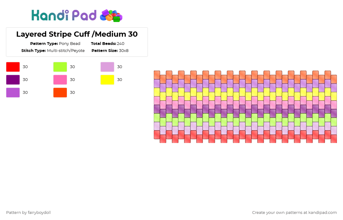 Layered Stripe Cuff /Medium 30 - Pony Bead Pattern by fairyboydoll on Kandi Pad - red,pink,stripe