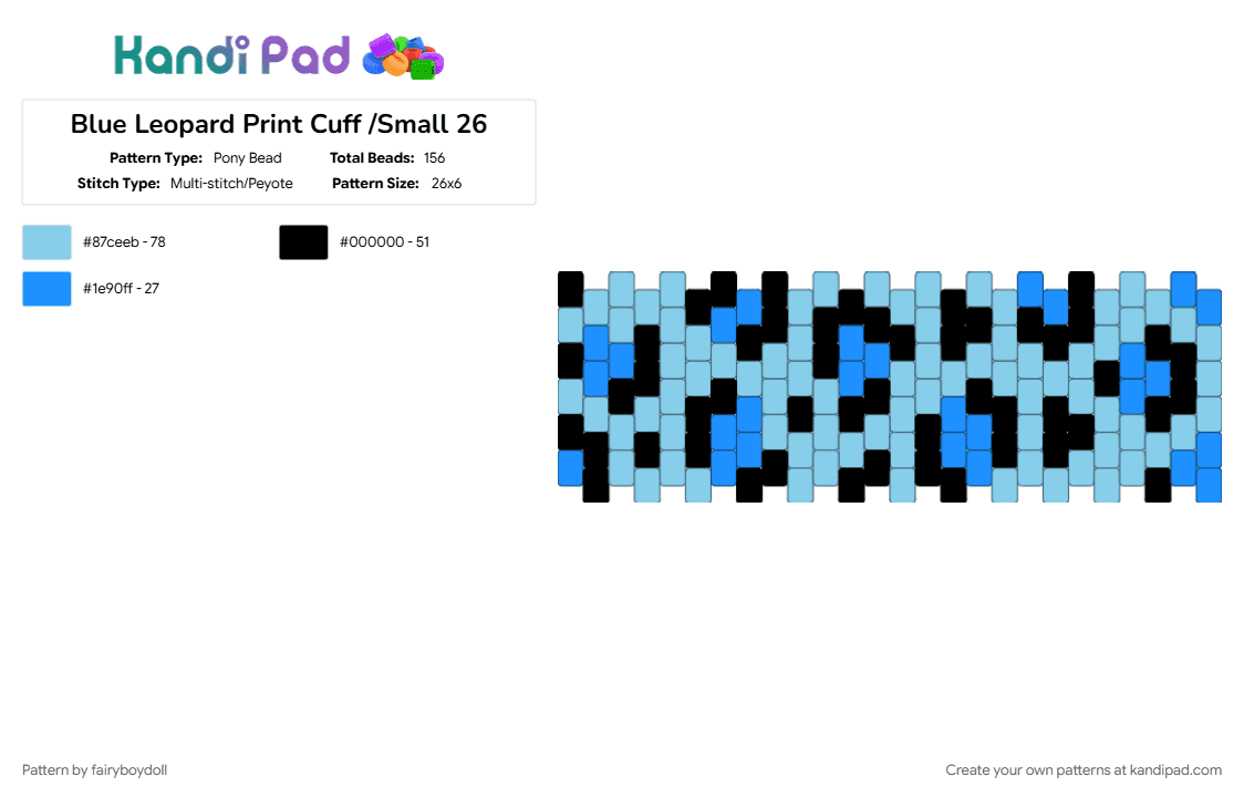 Blue Leopard Print Cuff /Small 26 - Pony Bead Pattern by fairyboydoll on Kandi Pad - animal print, black, blue, leopard, light blue