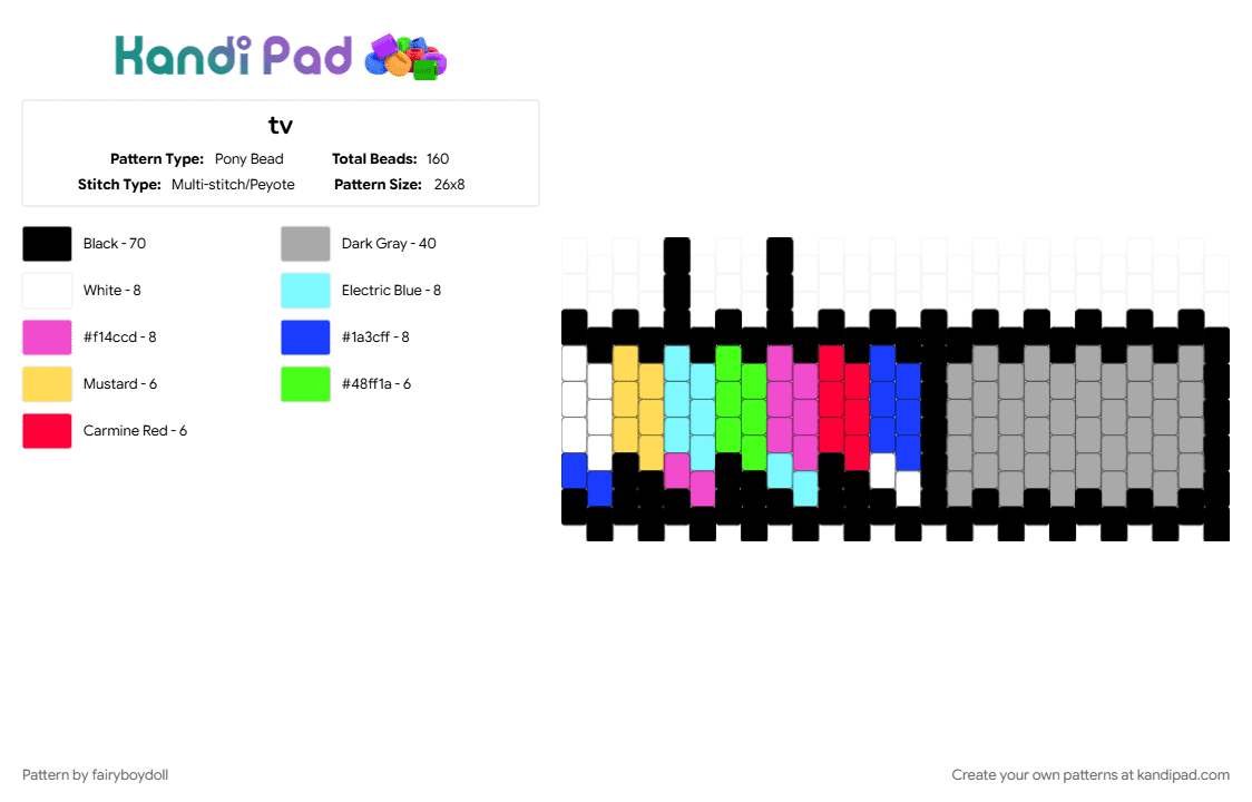 CRTV Color Bars Cuff /Small 28 - Pony Bead Pattern by fairyboydoll on Kandi Pad - color bars, crtv, tv