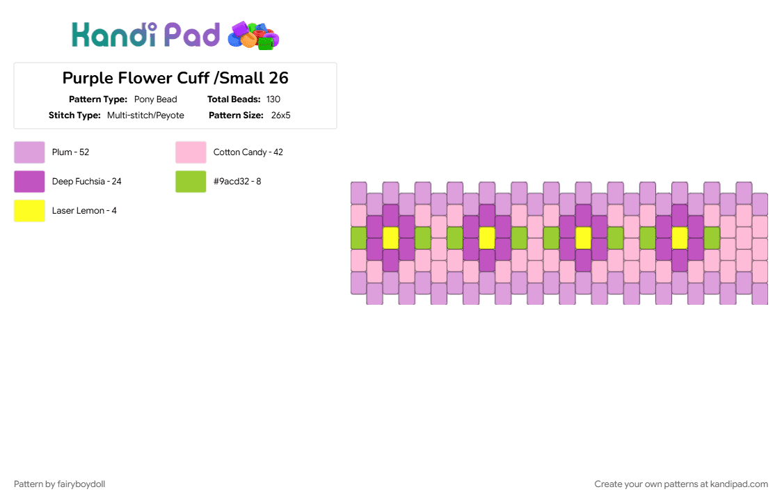 Purple Flower Cuff /Small 26 - Pony Bead Pattern by fairyboydoll on Kandi Pad - cute, flower, pink, purple