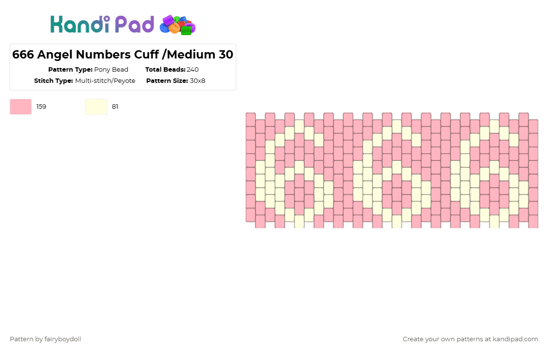 666 Angel Numbers Cuff /Medium 30 - Pony Bead Pattern by fairyboydoll on Kandi Pad - pink,white,666,angel numbers
