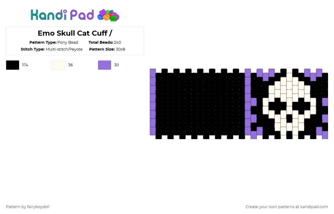 Emo Skull Cat Cuff / - Pony Bead Pattern by fairyboydoll on Kandi Pad - black,purple,white