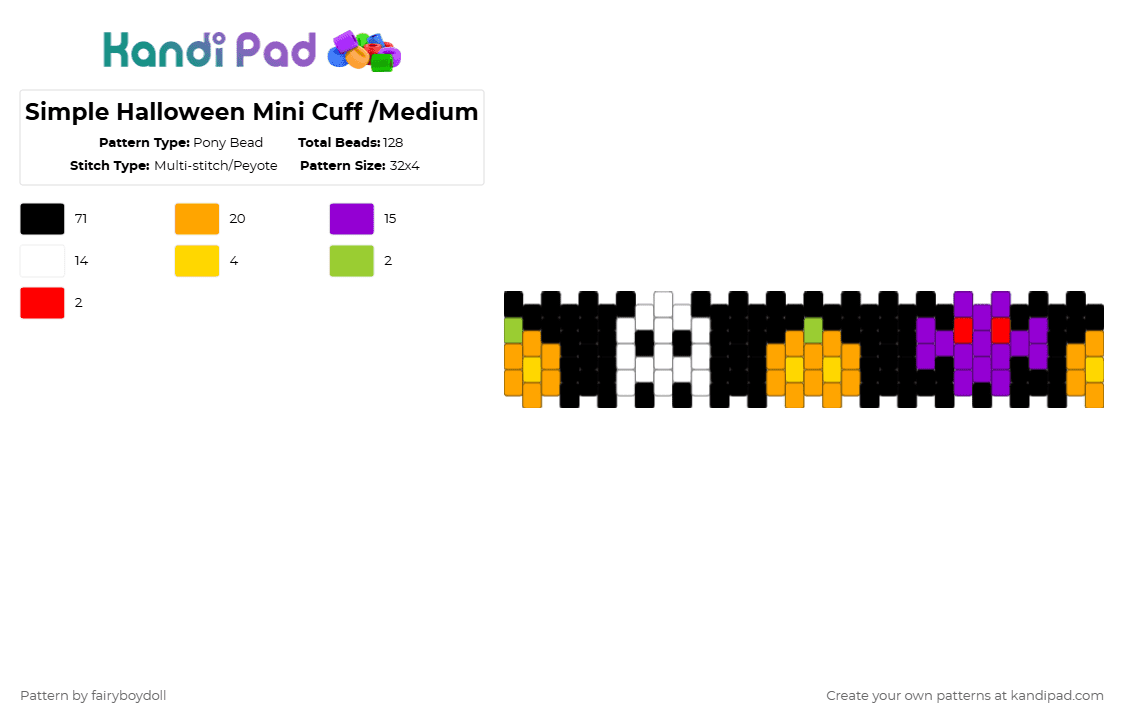 Simple Halloween Mini Cuff /Medium 32 - Pony Bead Pattern by fairyboydoll on Kandi Pad - black,orange,purple,halloween,ghost,pumpkin,jackolantern,bat