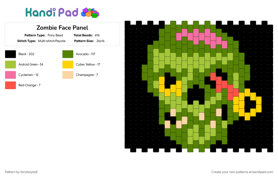Zombie Face Panel - Pony Bead Pattern by fairyboydoll on Kandi Pad - halloween, panel, zombie