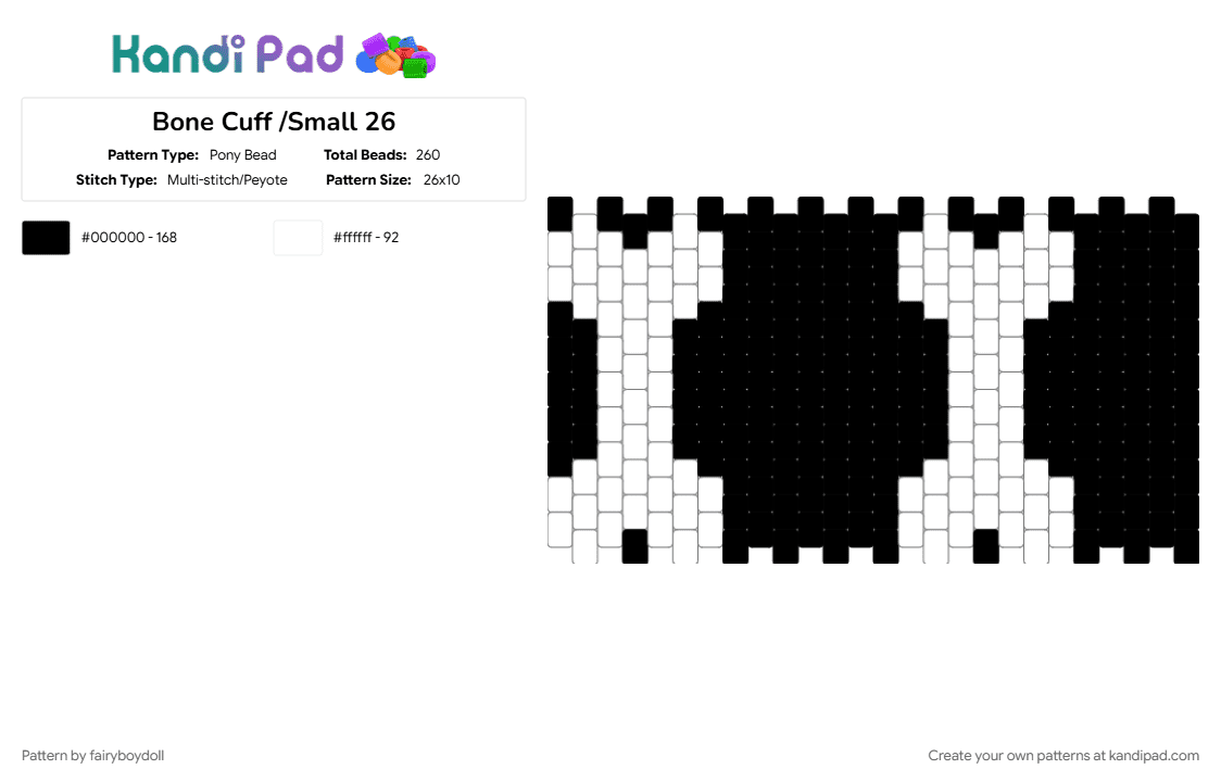 Bone Cuff /Small 26 - Pony Bead Pattern by fairyboydoll on Kandi Pad - black, bone, halloween, skeleton, spooky, white