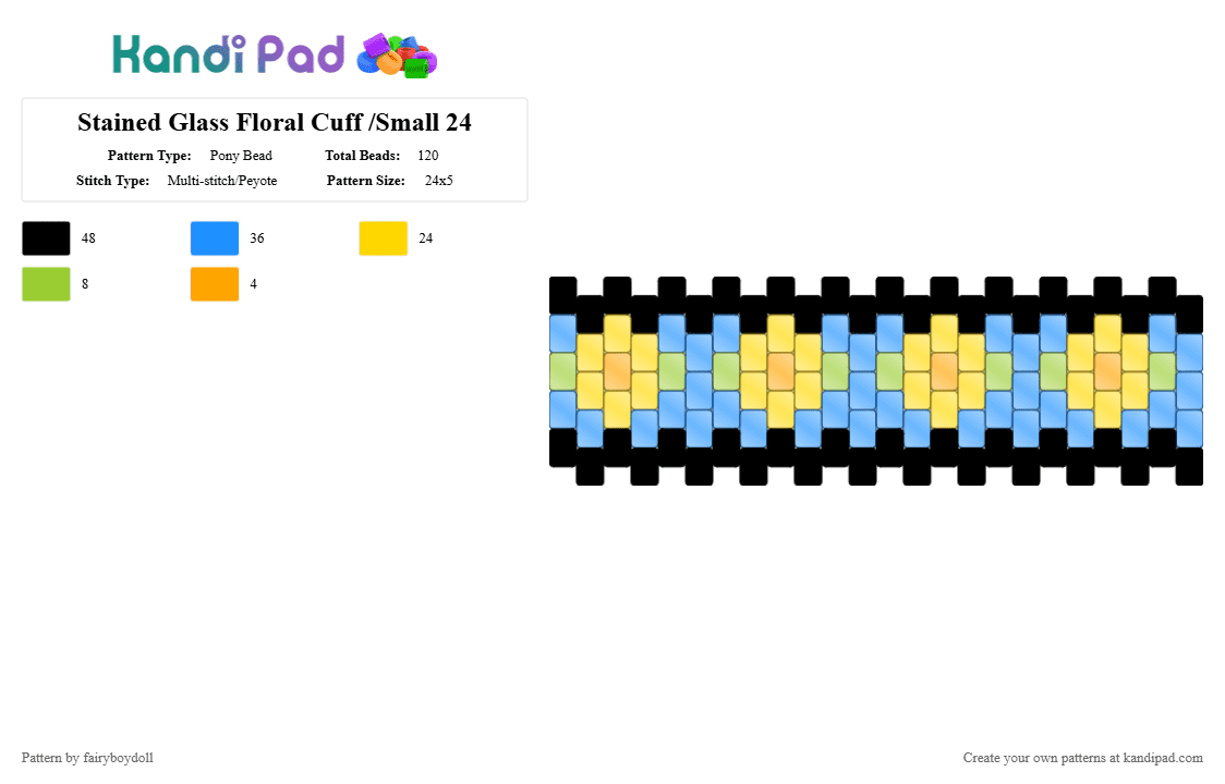 Stained Glass Floral Cuff /Small 24 - Pony Bead Pattern by fairyboydoll on Kandi Pad - flower, light blue, yellow