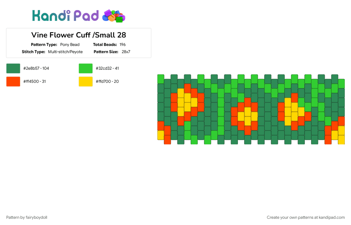 Vine Flower Cuff /Small 28 - Pony Bead Pattern by fairyboydoll on Kandi Pad - green