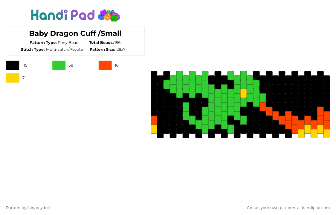 Baby Dragon Cuff /Small 28 - Pony Bead Pattern by fairyboydoll on Kandi Pad - black,green,dragon,fantasy