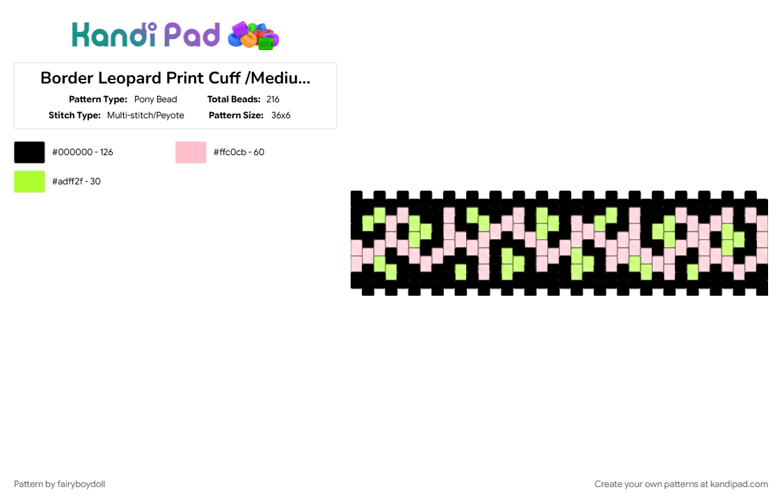 Border Leopard Print Cuff /Medium 36 - Pony Bead Pattern by fairyboydoll on Kandi Pad - green, leopard, pink