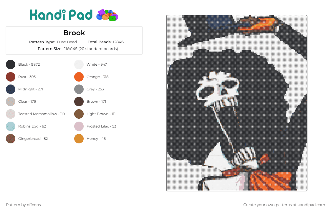 Brook - Fuse Bead Pattern by offcons on Kandi Pad - brook,onepiece,skeleton,character,anime,top hat,afro,black,white