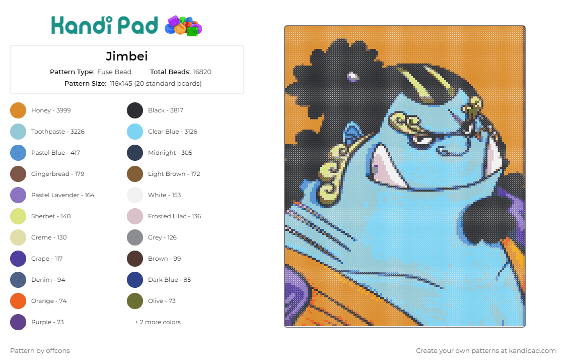 Jimbei - Fuse Bead Pattern by offcons on Kandi Pad - jinbe,jimbei,onepiece,anime,character,portrait,pirate,anime,teeth,light blue,orange