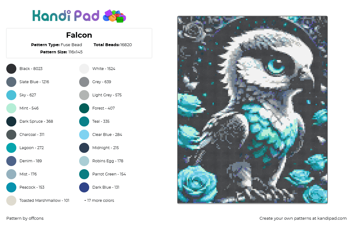 Falcon - Fuse Bead Pattern by offcons on Kandi Pad - falcon,fantasy,mythological,bird,cute,panel,black,gray,teal