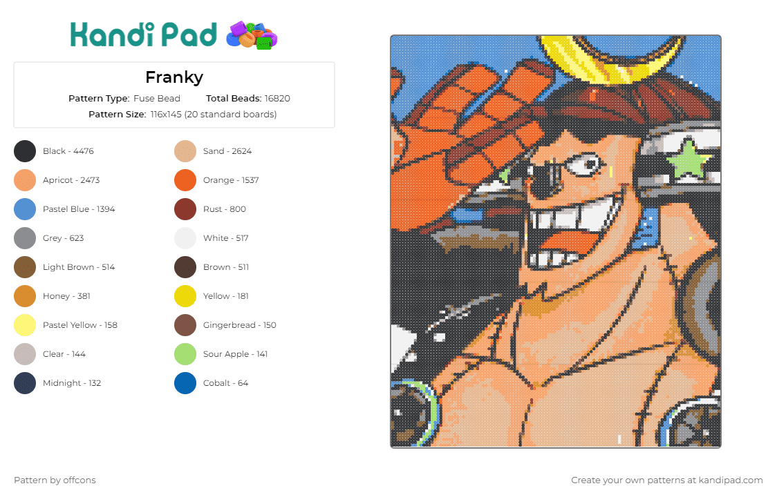 Franky - Fuse Bead Pattern by offcons on Kandi Pad - franky,onepiece,iron man,anime,character,muscles,tan