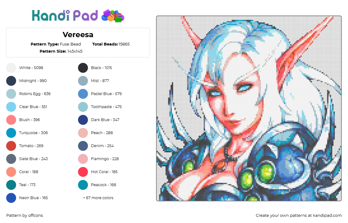 Vereesa - Fuse Bead Pattern by offcons on Kandi Pad - vereesa windrunner,wow,world of warcraf,elf,character,portrait,female,armor,white,tan,blue