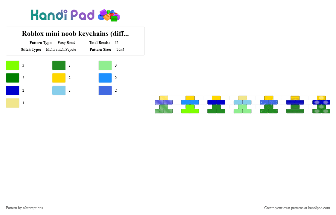Roblox mini noob keychains (different variants) - Pony Bead Pattern by n0xemptions on Kandi Pad - yellow,green,purple,noob,roblox,keychain,mini,charm,blue