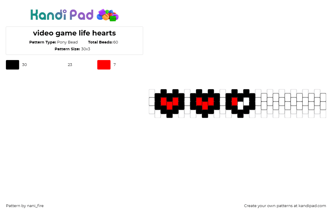 video game life hearts - Pony Bead Pattern by nani_fire on Kandi Pad - hearts,life,bracelet,cuff,video game,nostalgia,gaming,health,red