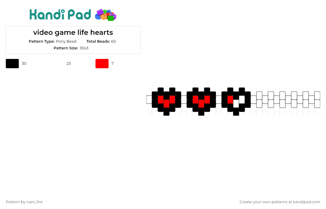 video game life hearts - Pony Bead Pattern by nani_fire on Kandi Pad - hearts,life,bracelet,cuff,video game,nostalgia,gaming,health,pixel,red