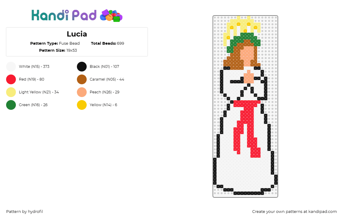 Lucia - Fuse Bead Pattern by hydrofil on Kandi Pad - st lucia,tradition,festival,costume,crown,candles,celebration,swedish,white dres