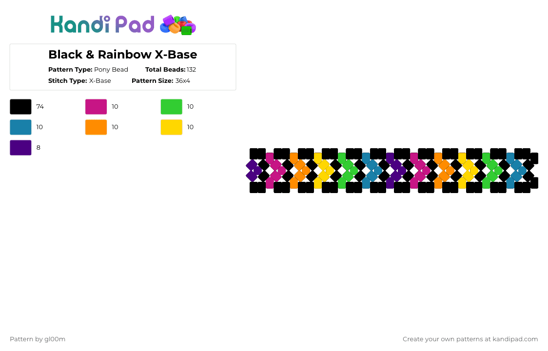 Black & Rainbow X-Base - Pony Bead Pattern by gl00m on Kandi Pad - black, colorful, green, orange