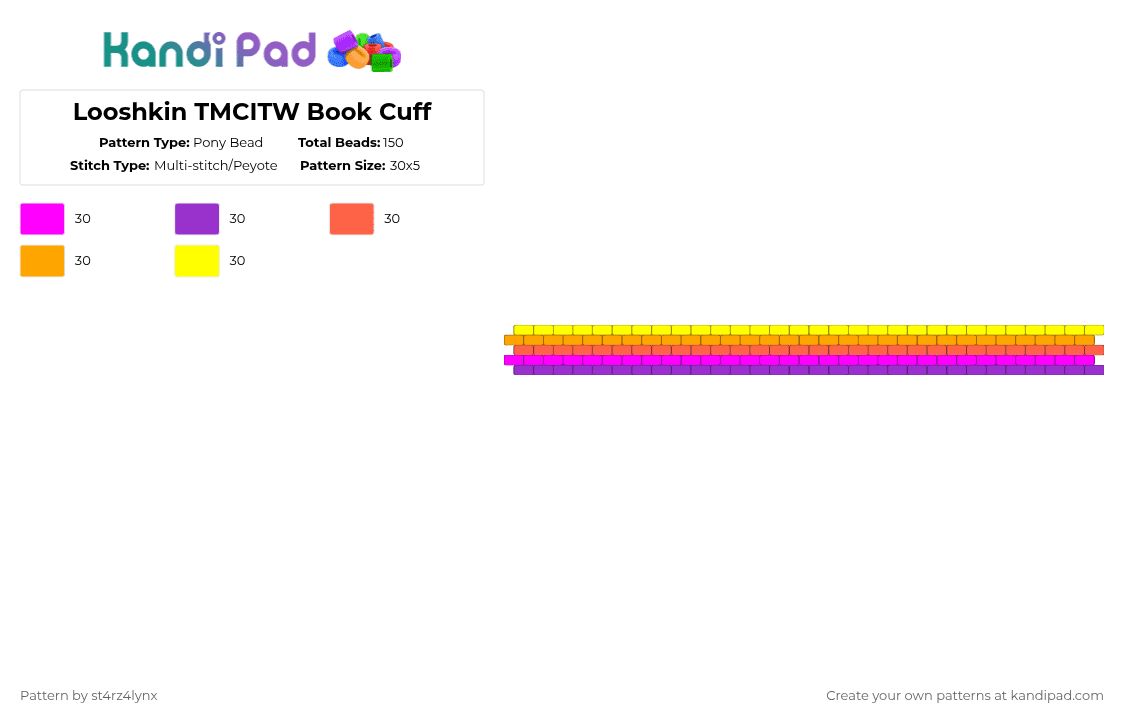 Looshkin TMCITW Book Cuff - Pony Bead Pattern by st4rz4lynx on Kandi Pad - purple,orange,colorful,mad,cat,animal,yellow,red,pink,looshkin