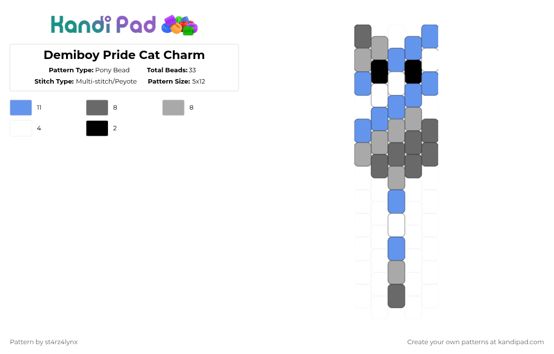 Demiboy Pride Cat Charm - Pony Bead Pattern by st4rz4lynx on Kandi Pad - light blue,cat,charm,pride,animal,love is love,love,gay,support