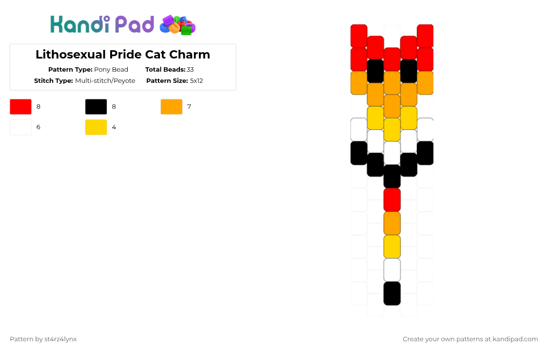 Lithosexual Pride Cat Charm - Pony Bead Pattern by st4rz4lynx on Kandi Pad - red,orange,cat,charm,pride,animal,love is love,love,gay,support