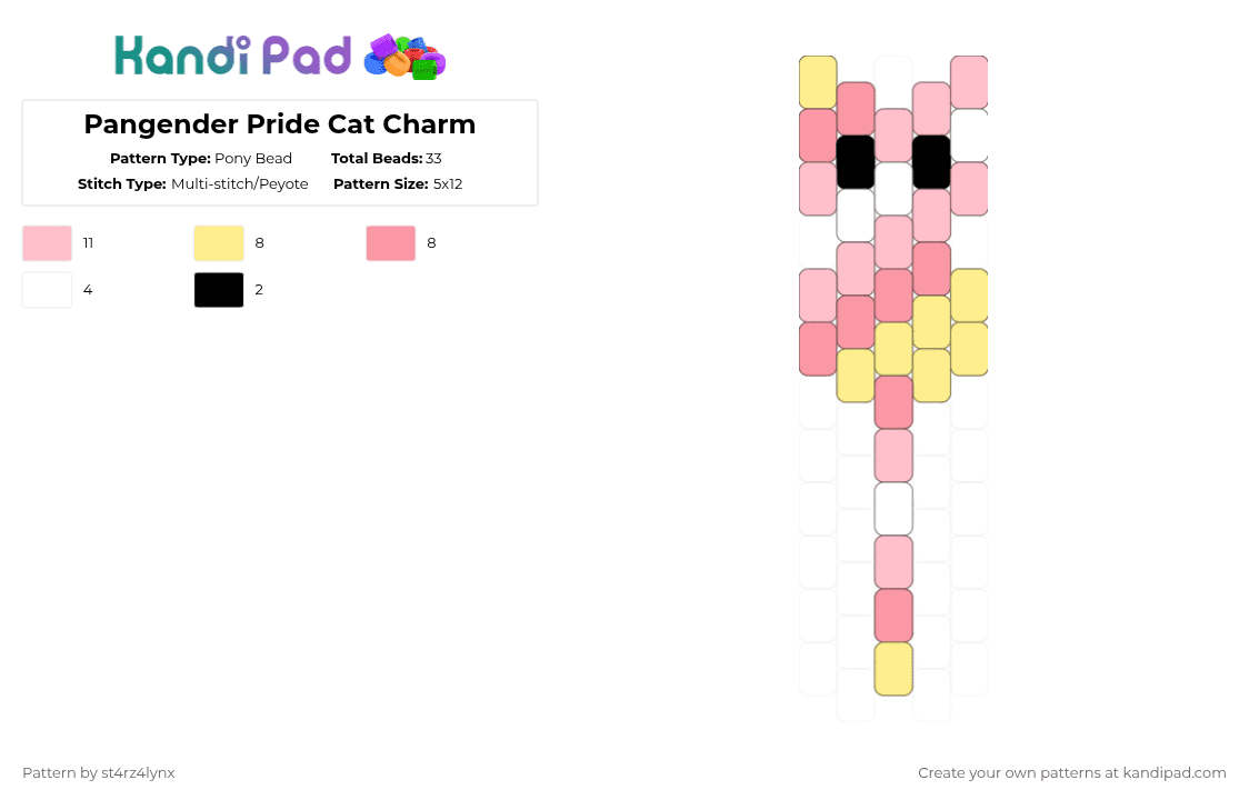 Pangender Pride Cat Charm - Pony Bead Pattern by st4rz4lynx on Kandi Pad - yellow,pink,cat,charm,pride,animal,love is love,love,gay,support