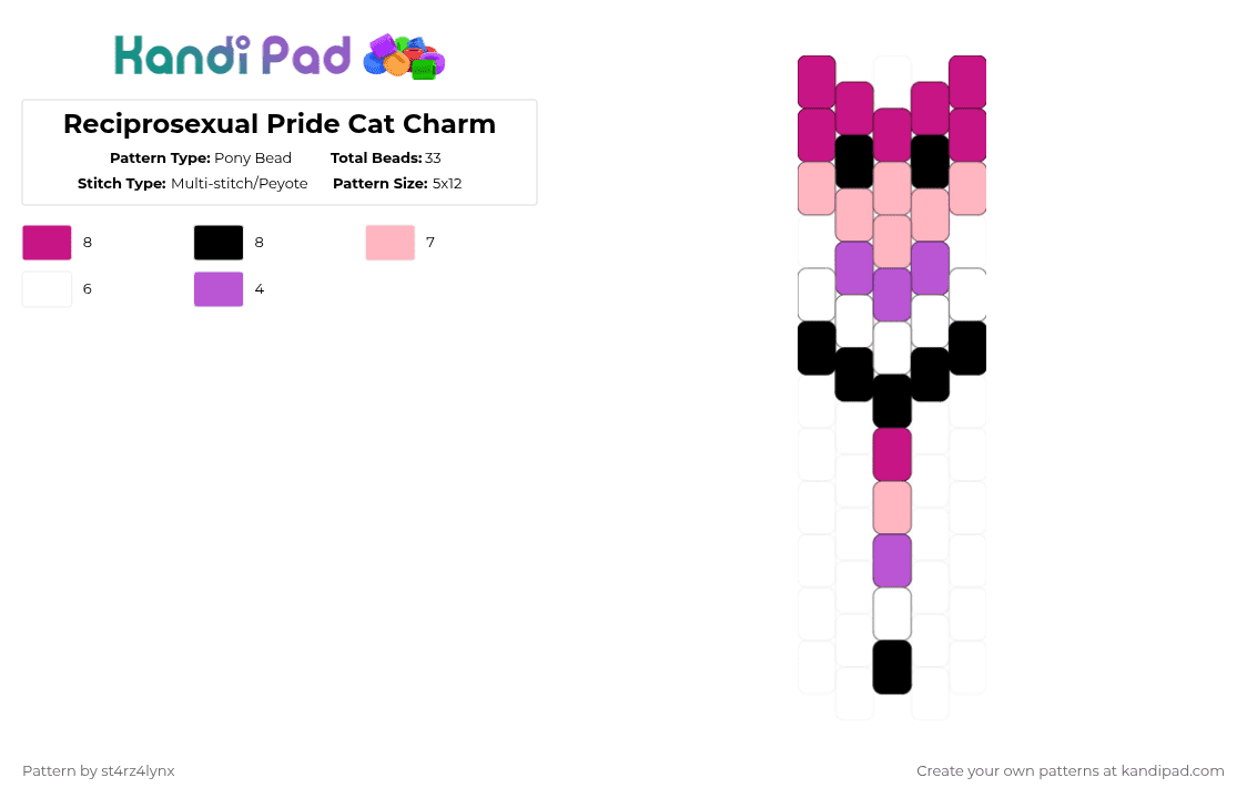 Reciprosexual Pride Cat Charm - Pony Bead Pattern by st4rz4lynx on Kandi Pad - pink,cat,charm,pride,animal,love is love,love,gay,support