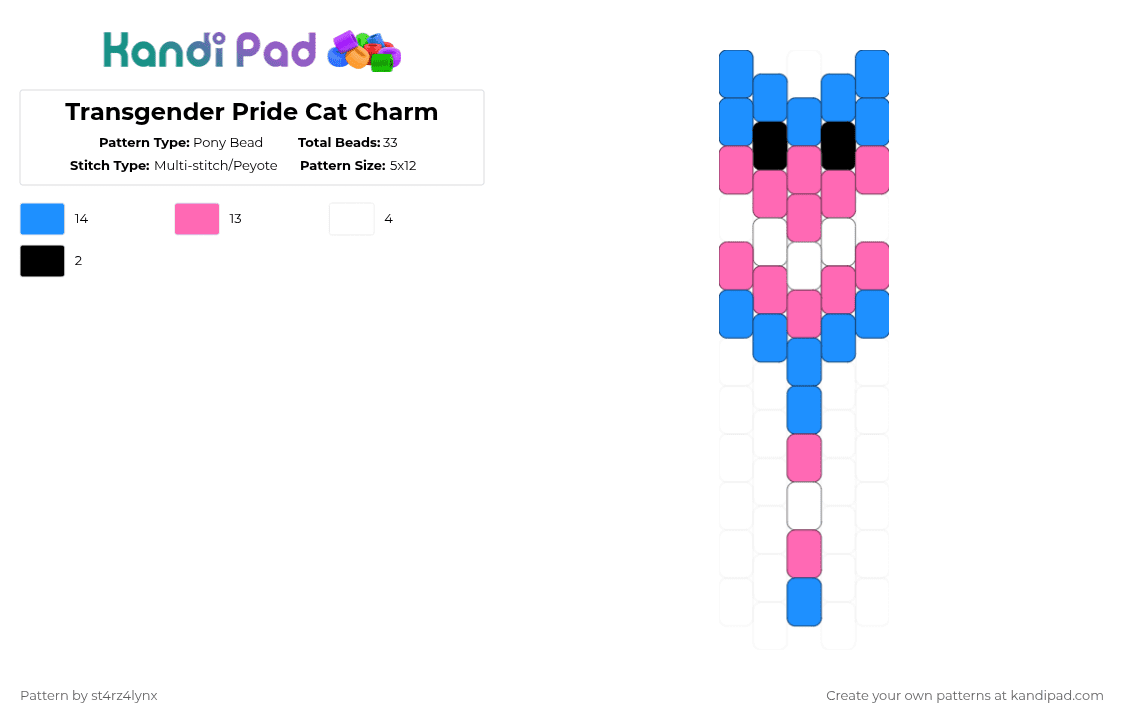 Transgender Pride Cat Charm - Pony Bead Pattern by st4rz4lynx on Kandi Pad - light blue,pink,cat,charm,pride,animal,love is love,love,gay,support