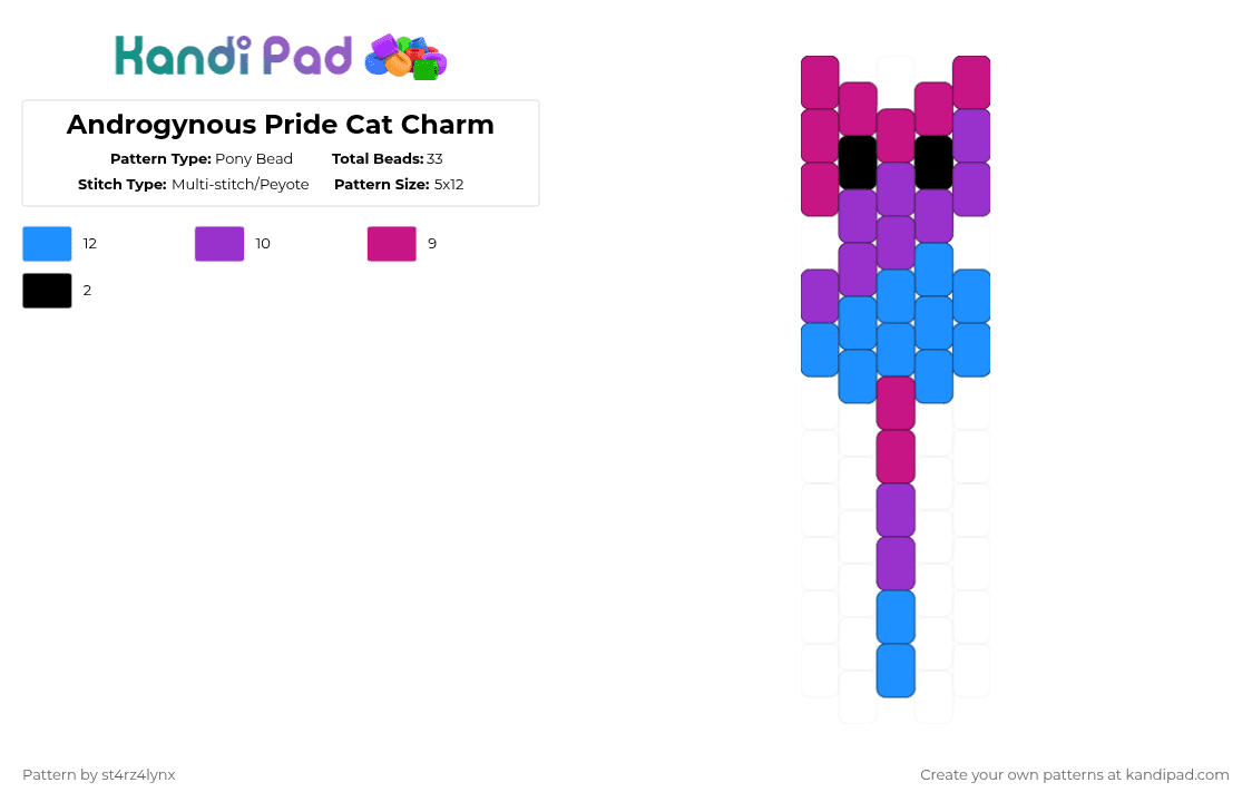 Androgynous Pride Cat Charm - Pony Bead Pattern by st4rz4lynx on Kandi Pad - purple,light blue,cat,charm,pride,animal,love is love,love,gay,support
